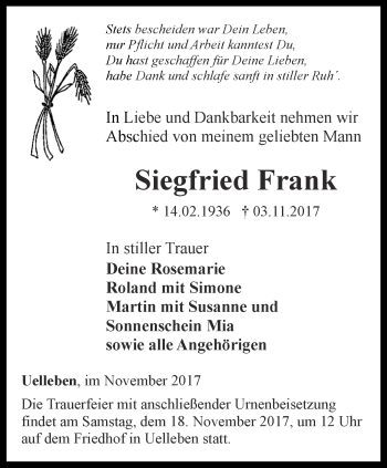 Traueranzeige von Siegfried Frank von Ostthüringer Zeitung, Thüringische Landeszeitung