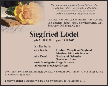 Traueranzeige von Siegfried Lödel von Ostthüringer Zeitung