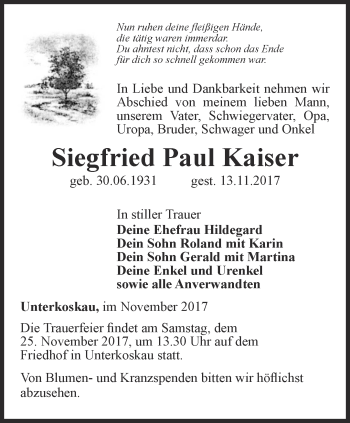 Traueranzeige von Siegfried Paul Kaiser von Ostthüringer Zeitung