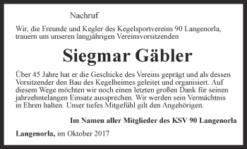 Traueranzeige von Siegmar Gäbler von Ostthüringer Zeitung