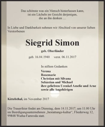 Traueranzeige von Siegrid Simon von Thüringer Allgemeine, Thüringische Landeszeitung