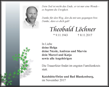 Traueranzeige von Theobald Löchner von Ostthüringer Zeitung