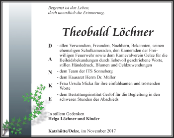 Traueranzeige von Theobald Löchner von Ostthüringer Zeitung