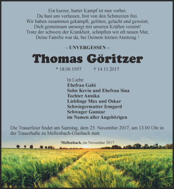 Traueranzeige von Thomas Göritzer von Ostthüringer Zeitung