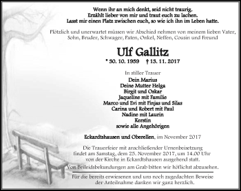 Traueranzeige von Ulf Gallitz von Thüringer Allgemeine, Thüringische Landeszeitung