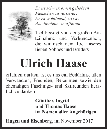 Traueranzeige von Ulirch Haase von Ostthüringer Zeitung