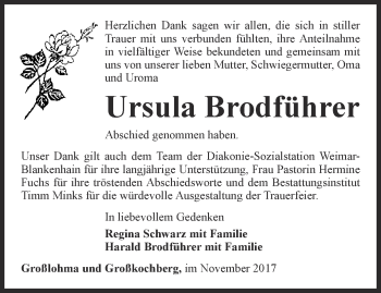 Traueranzeige von Ursula Brodführer von Thüringer Allgemeine, Thüringische Landeszeitung