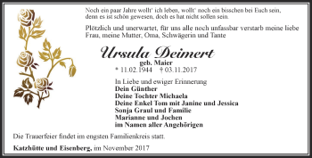 Traueranzeige von Ursula Deimert von Ostthüringer Zeitung