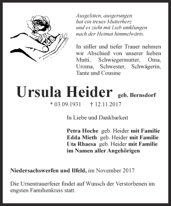 Traueranzeige von Ursula Heider von Thüringer Allgemeine