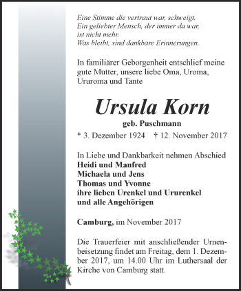 Traueranzeige von Ursula Korn von Ostthüringer Zeitung, Thüringische Landeszeitung