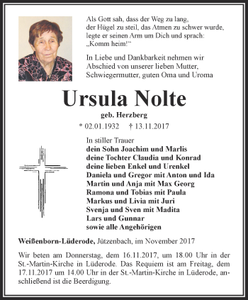 Traueranzeige von Ursula Nolte von Thüringer Allgemeine