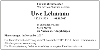 Traueranzeige von Uwe Lehmann von Ostthüringer Zeitung, Thüringische Landeszeitung