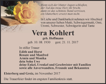 Traueranzeige von Vera Kohlert von Ostthüringer Zeitung