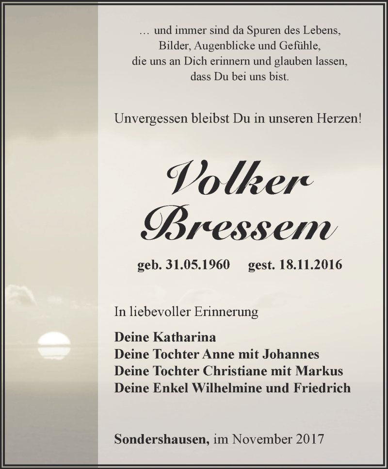  Traueranzeige für Volker Bressem vom 18.11.2017 aus Thüringer Allgemeine