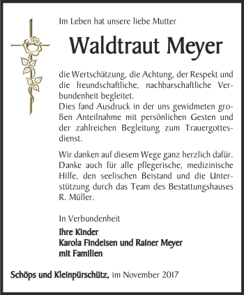 Traueranzeige von Waldtraut Meyer von Ostthüringer Zeitung, Thüringische Landeszeitung