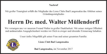 Traueranzeige von Walter Müllendorff von Thüringer Allgemeine, Thüringische Landeszeitung