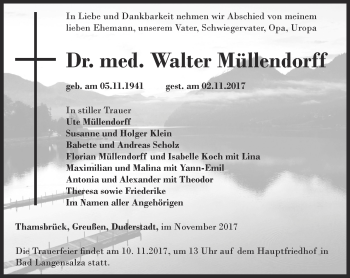 Traueranzeige von Walter Müllendorff von Thüringer Allgemeine, Thüringische Landeszeitung