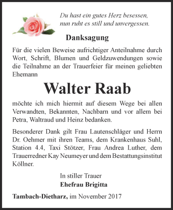 Traueranzeige von Walter Raab von Ostthüringer Zeitung, Thüringische Landeszeitung