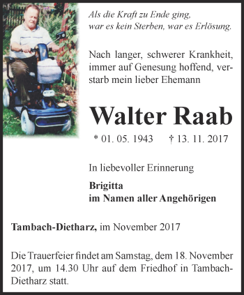 Traueranzeige von Walter Raab von Ostthüringer Zeitung, Thüringische Landeszeitung