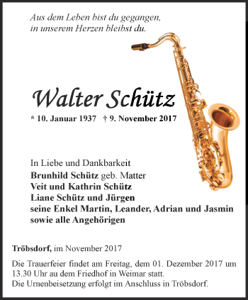 Traueranzeige von Walter Schütz von Thüringer Allgemeine, Thüringische Landeszeitung