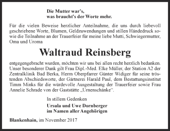 Traueranzeige von Waltraud Reinsberg