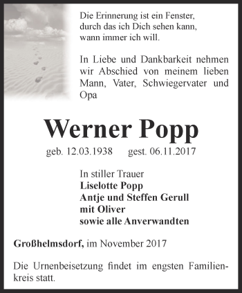 Traueranzeige von Werner Popp von Ostthüringer Zeitung