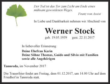 Traueranzeige von Werner Stock von Thüringer Allgemeine, Thüringische Landeszeitung