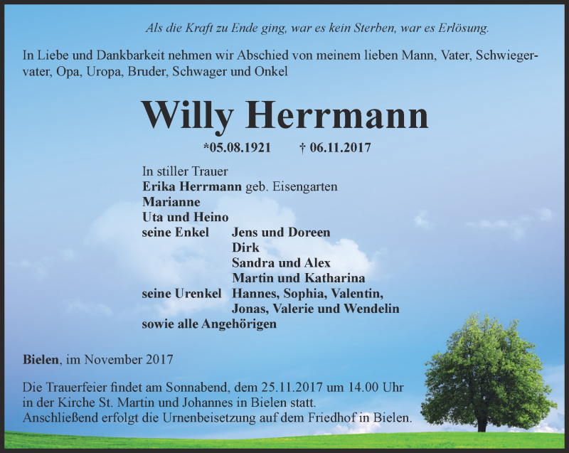  Traueranzeige für Willy Herrmann vom 18.11.2017 aus Thüringer Allgemeine