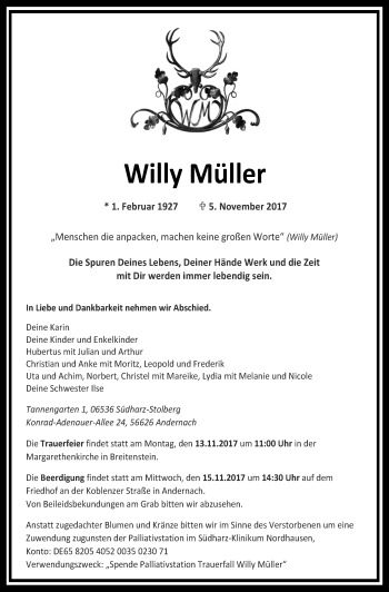 Traueranzeige von Willy Müller von Thüringer Allgemeine