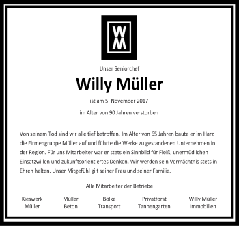 Traueranzeige von Willy Müller von Thüringer Allgemeine