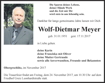 Traueranzeige von Wolf-Dietmar Meyer von Ostthüringer Zeitung