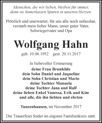 Traueranzeige von Wolfgang Hahn von Thüringer Allgemeine