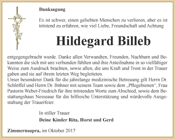 Traueranzeige von hildegard Billeb von Thüringer Allgemeine, Thüringische Landeszeitung