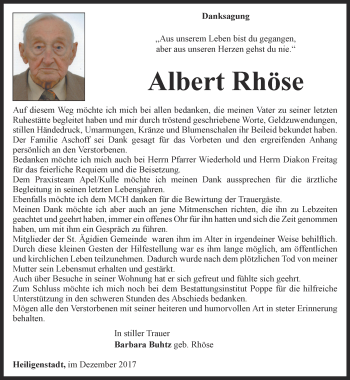 Traueranzeige von Albert Rhöse von Thüringer Allgemeine