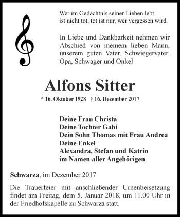 Traueranzeige von Alfons Sitter von Ostthüringer Zeitung