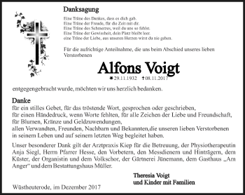 Traueranzeige von Alfons Voigt von Thüringer Allgemeine