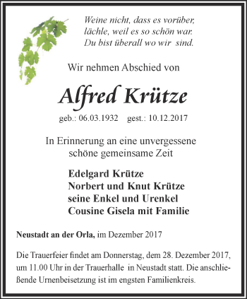 Traueranzeige von Alfred Krütze von Ostthüringer Zeitung