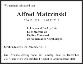 Traueranzeige von Alfred Matczinski von Thüringer Allgemeine