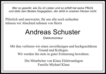 Traueranzeige von Andreas Schuster von Ostthüringer Zeitung