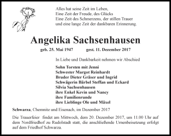 Traueranzeige von Angelika Sachsenhausen von Ostthüringer Zeitung