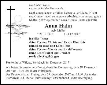 Traueranzeige von Anna Hahn von Thüringer Allgemeine