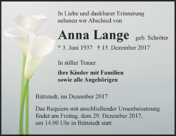 Traueranzeige von Anna Lange von Thüringer Allgemeine