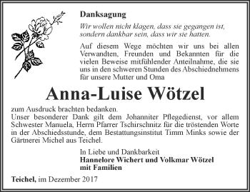 Traueranzeige von Anna-Luise Wötzel von Ostthüringer Zeitung