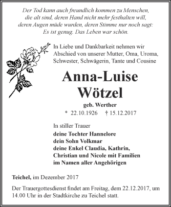 Traueranzeige von Anna-Luise Wötzel von Ostthüringer Zeitung