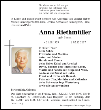 Traueranzeige von Anna Riethmüller von Thüringer Allgemeine