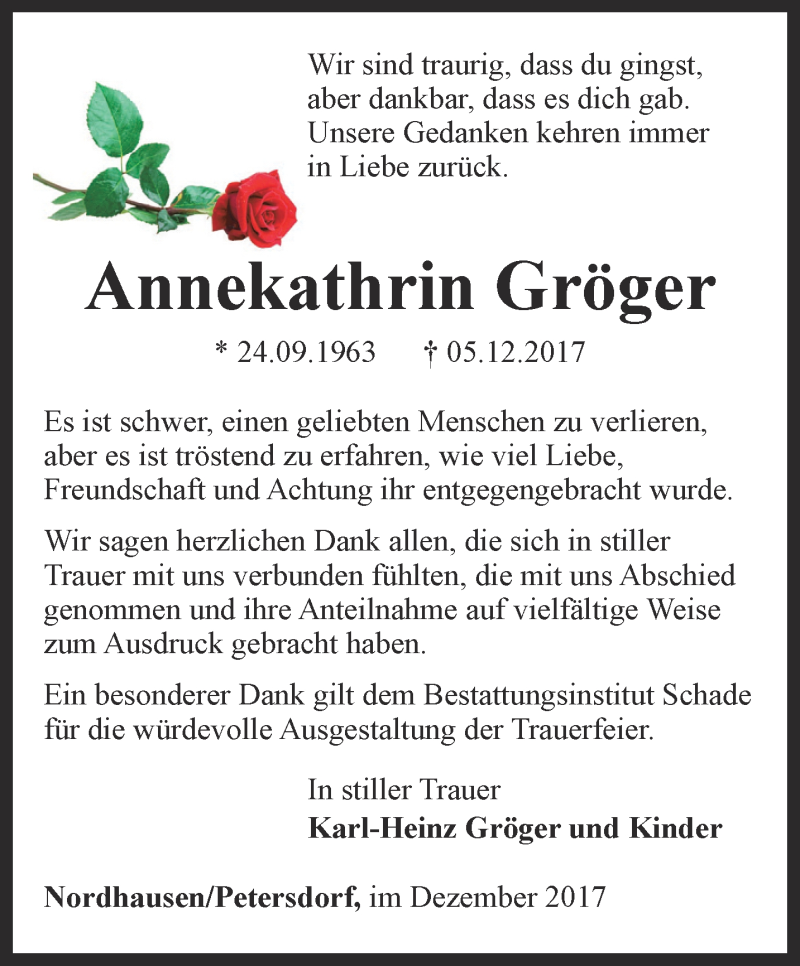  Traueranzeige für Annekathrin Gröger vom 22.12.2017 aus Thüringer Allgemeine