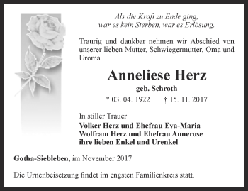 Traueranzeige von Anneliese Herz von Ostthüringer Zeitung, Thüringische Landeszeitung