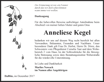 Traueranzeige von Anneliese Kegel von Ostthüringer Zeitung