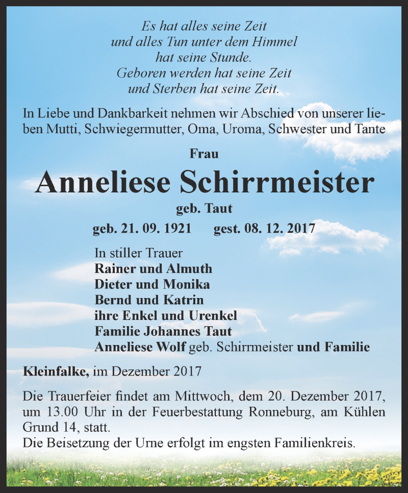  Traueranzeige für Anneliese Schirrmeister vom 15.12.2017 aus Ostthüringer Zeitung