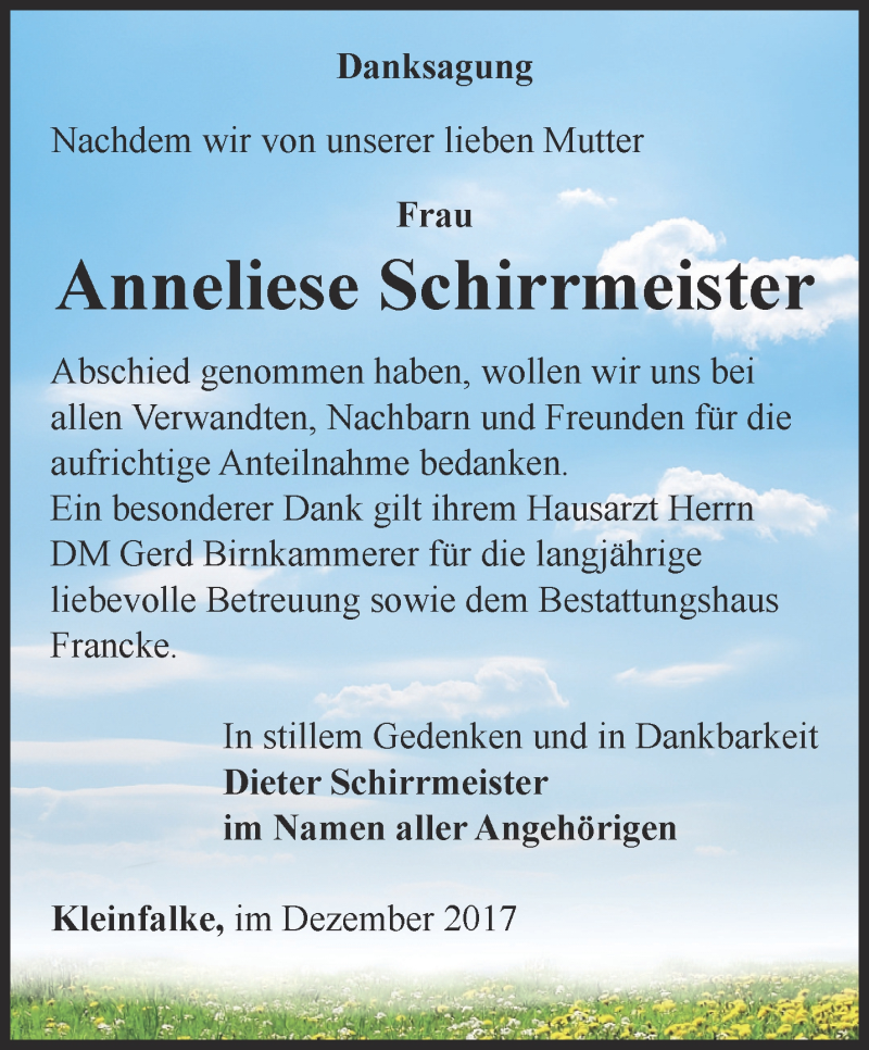  Traueranzeige für Anneliese Schirrmeister vom 29.12.2017 aus Ostthüringer Zeitung